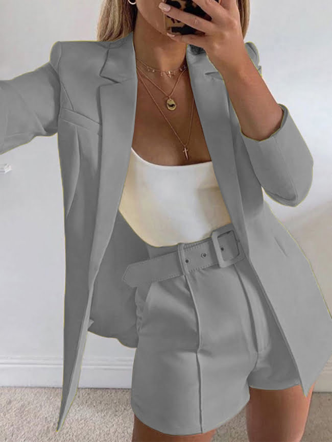 Lapel Neck Open Front Blazer and Shorts Set With Belt 6