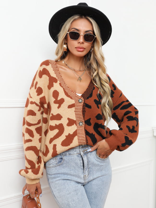 Wholesale Leopard Colorblock Button Cardigan Knitted Sweater
