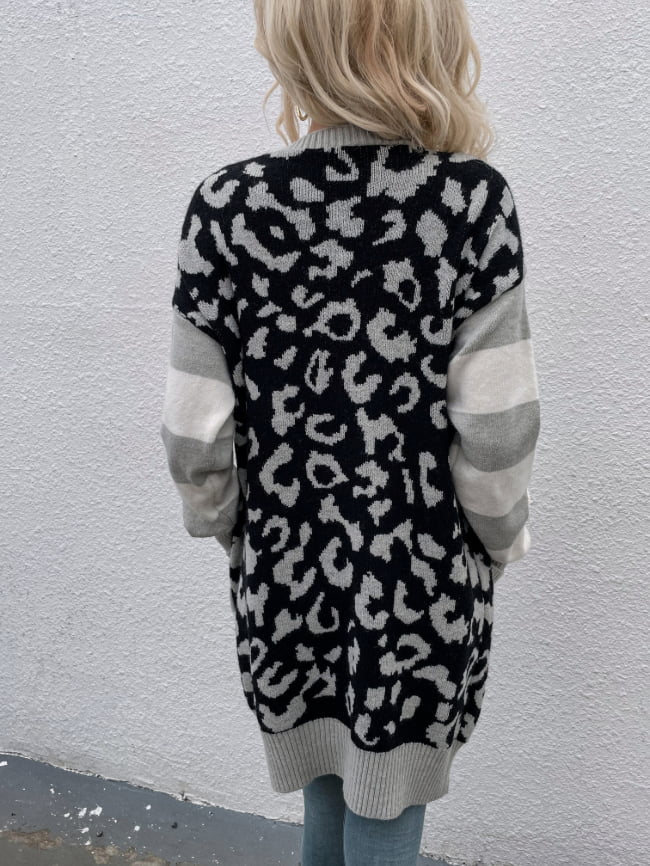 Leopard Knitted Colorblock Cardigan Midi Sweater 1