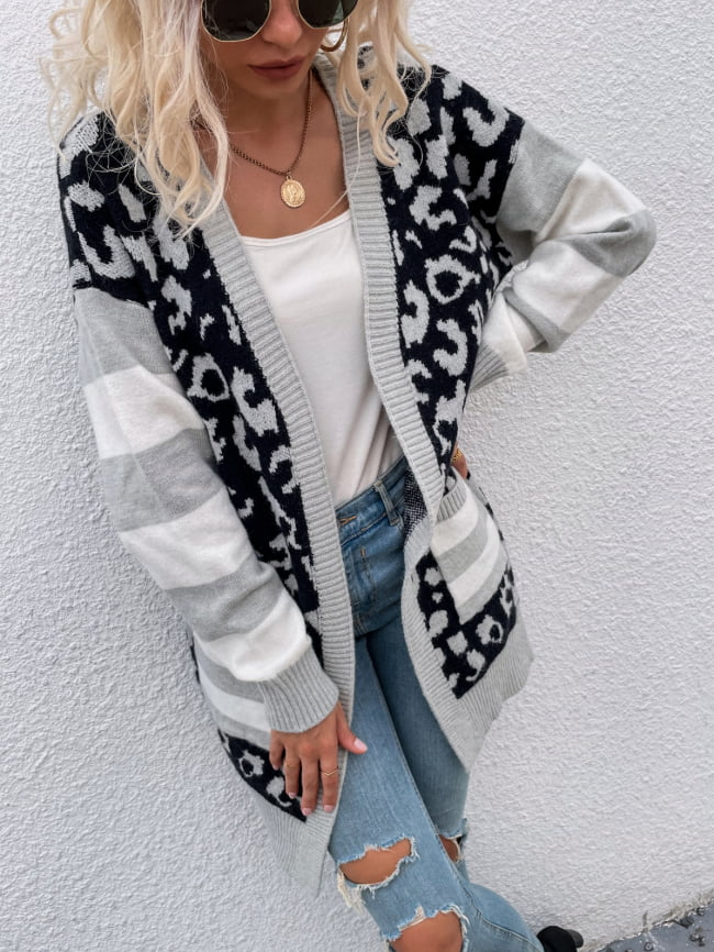 Leopard Knitted Colorblock Cardigan Midi Sweater 2