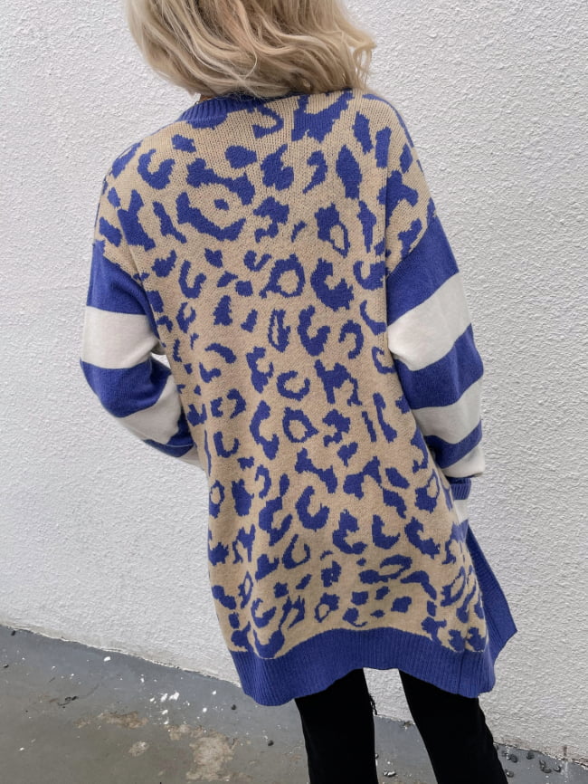 Leopard Knitted Colorblock Cardigan Midi Sweater 5