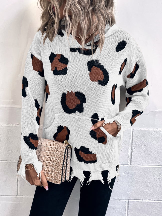 Leopard Print Hooded Pocket Knit Sweater