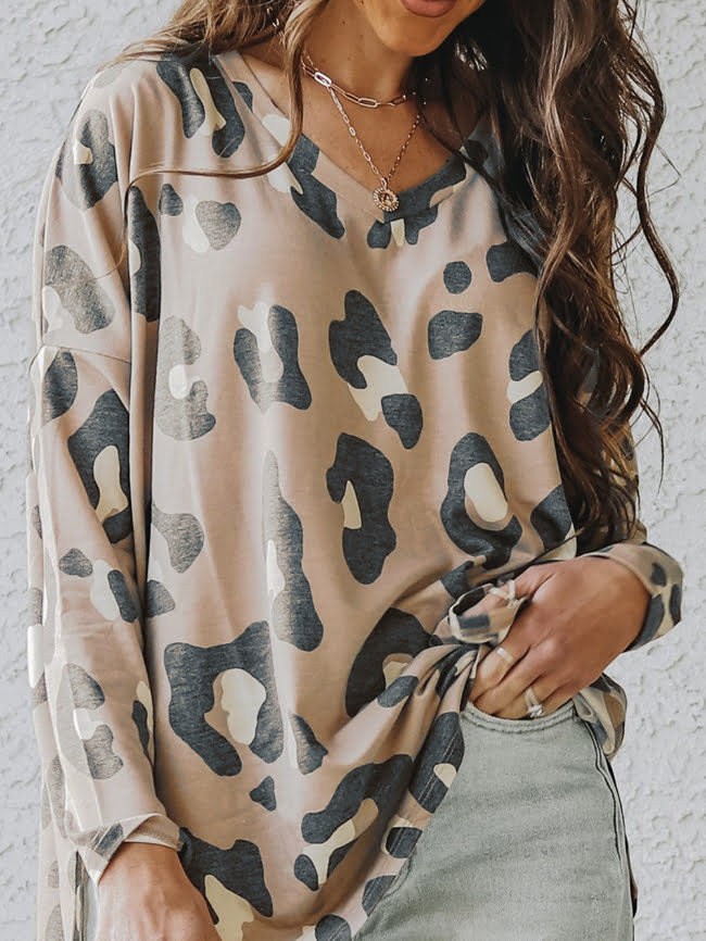 Leopard Print Khaki Long Sleeve T-Shirt