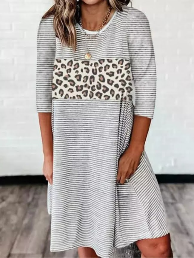 Leopard Stripe Paneled Half Sleeve Dress