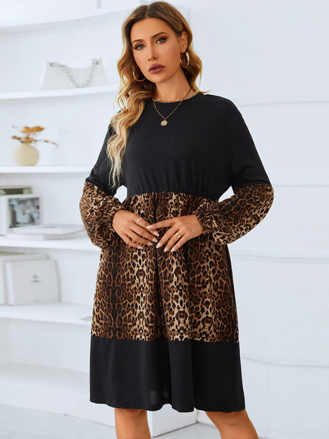 Leopard-paneled puff-sleeve dress