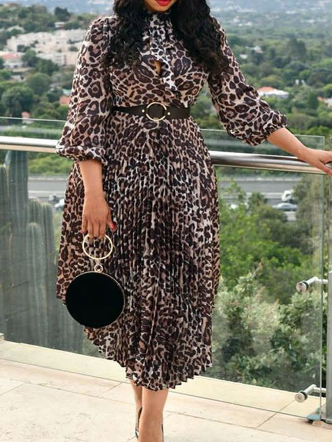Leopard print irregular dress with belt 1