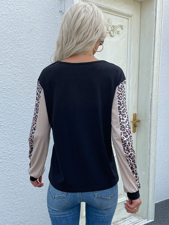 Leopard print stitching casual t-shirt