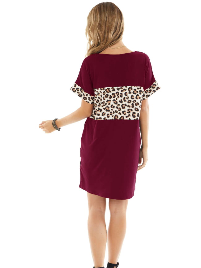 Leopard print stitching solid color mid length T shirt skirt 8