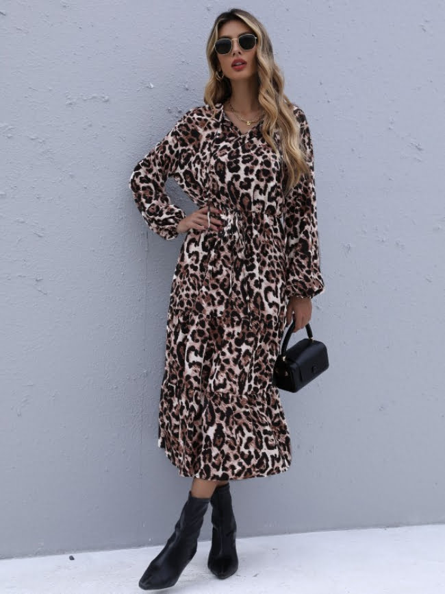 Leopard v neck elastic waist dress 2