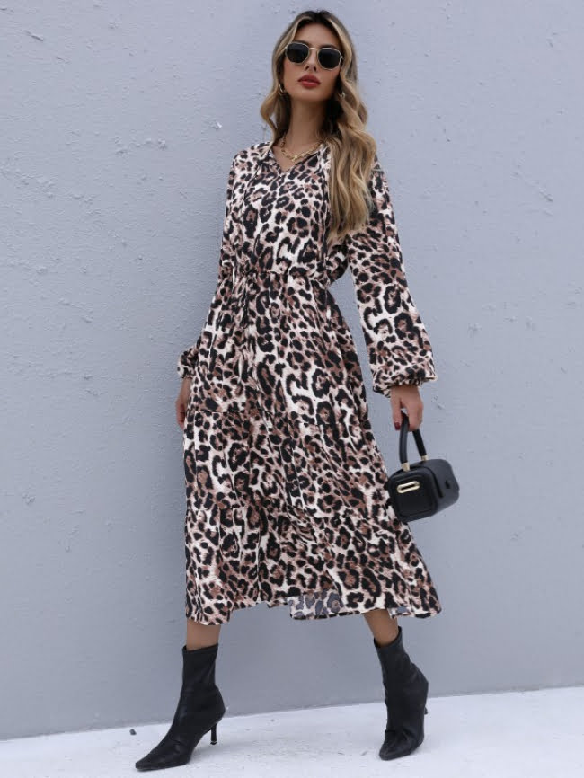Leopard v neck elastic waist dress 4