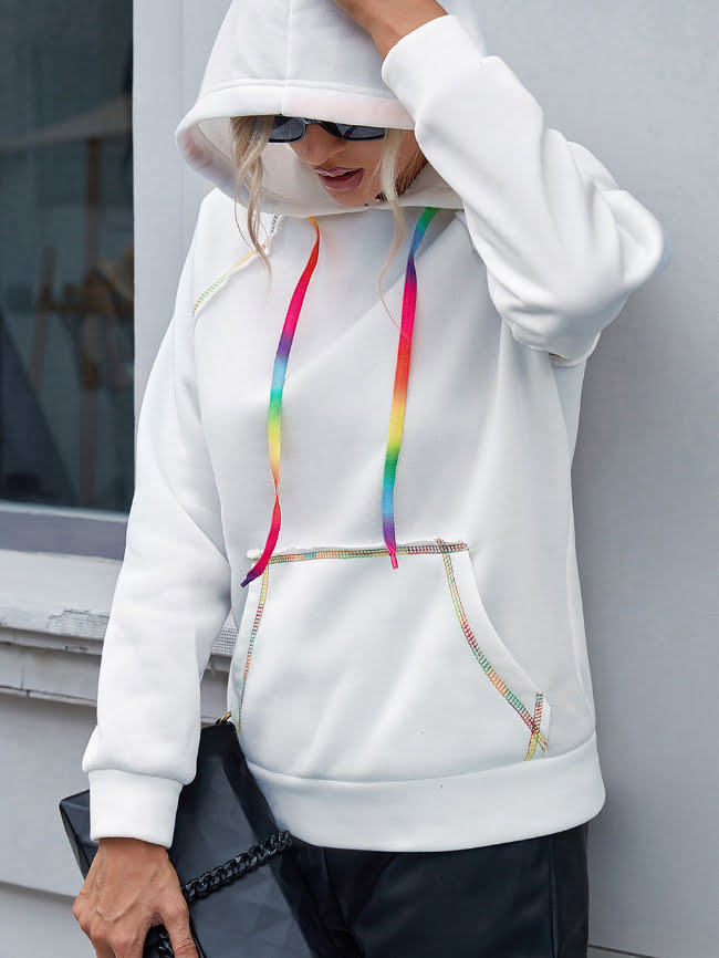 Loose Solid Hooded Rainbow Webbing Sweatshirt 1