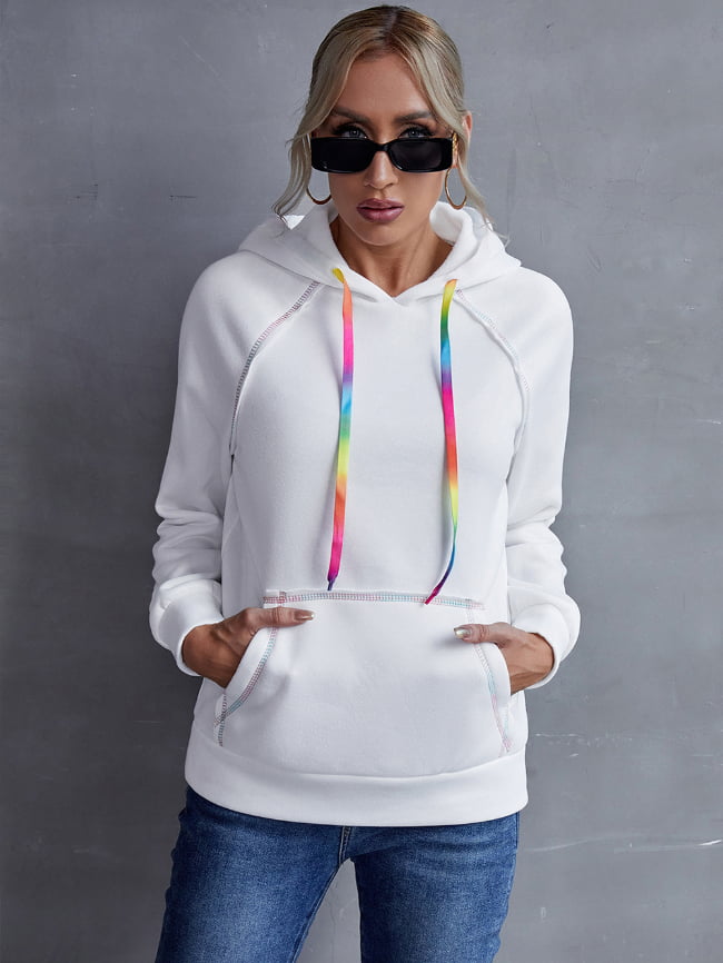 Loose Solid Hooded Rainbow Webbing Sweatshirt 11