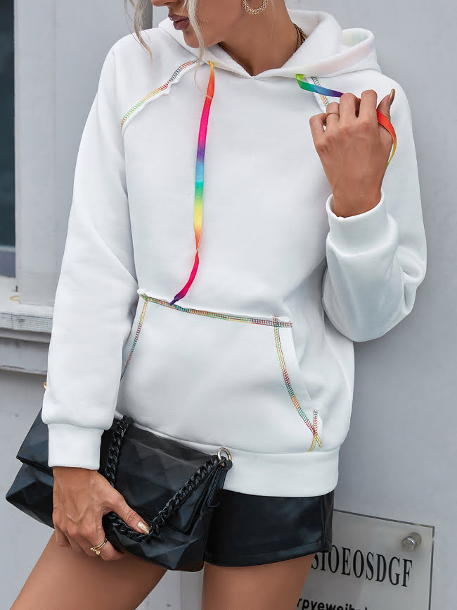 Loose Solid Hooded Rainbow Webbing Sweatshirt 4