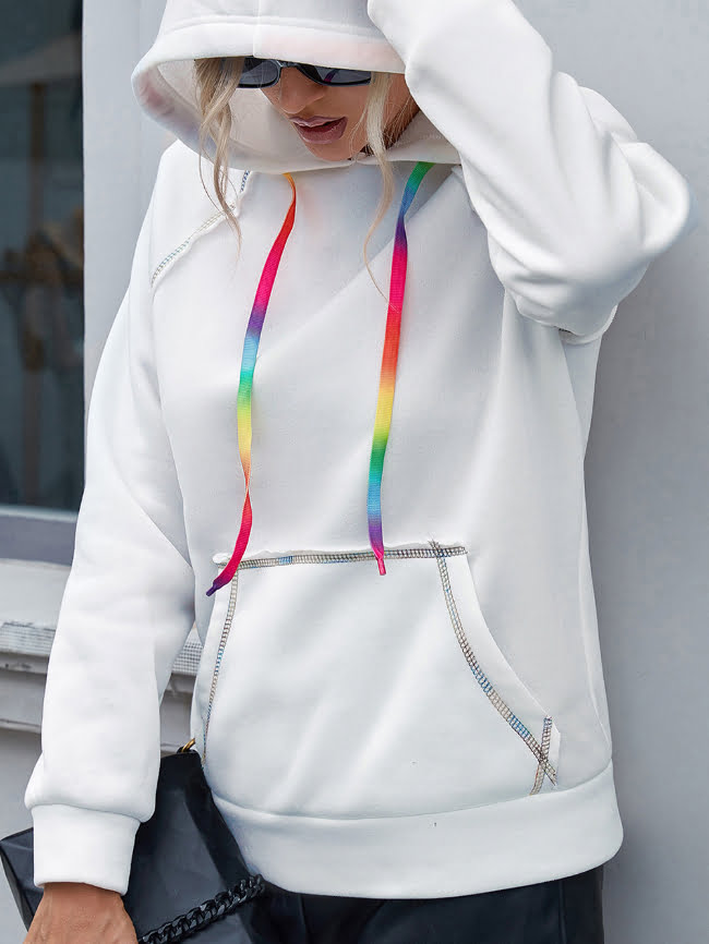 Loose Solid Hooded Rainbow Webbing Sweatshirt 5