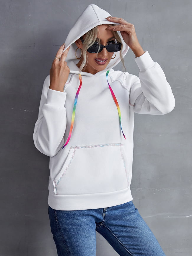 Loose Solid Hooded Rainbow Webbing Sweatshirt 9
