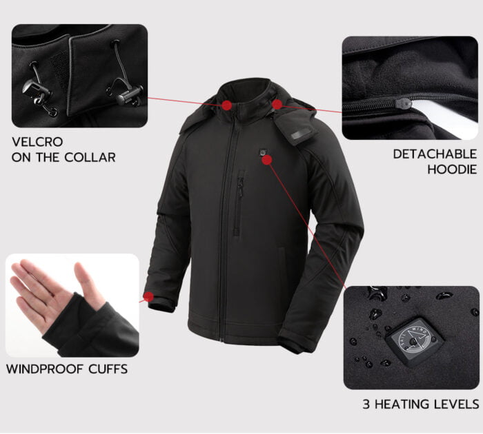 Mens Soft Shell Heated Jacket with Detachable Hood and Battery Pack 3