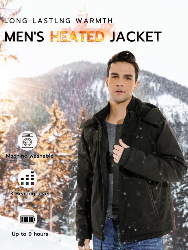 Mens Soft Shell Heated Jacket with Detachable Hood and Battery Pack 5