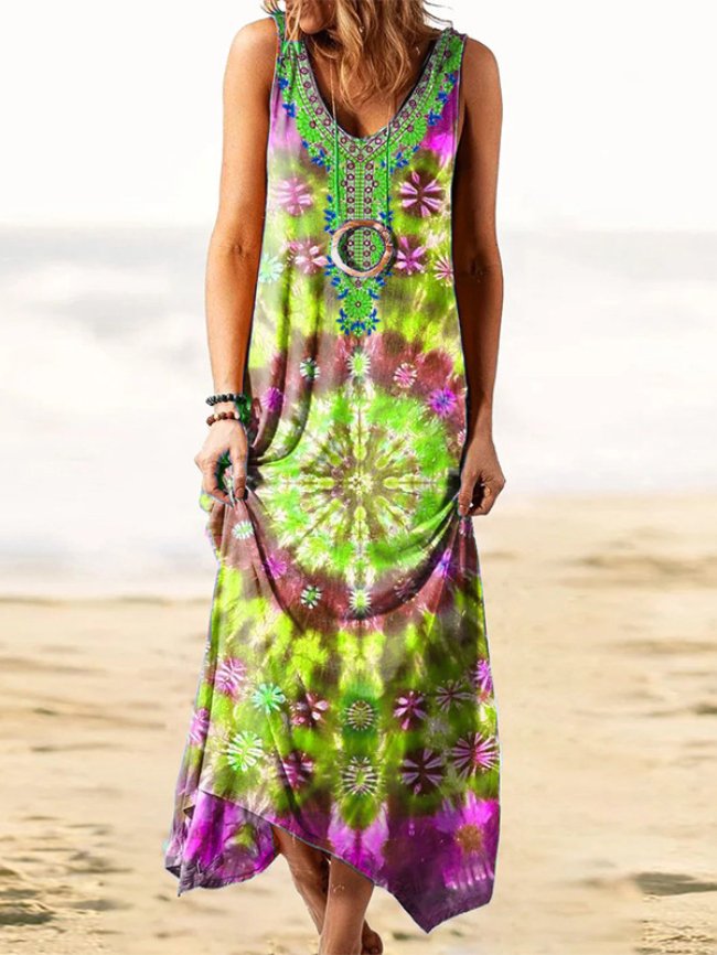 National style loose printed vest long dress 1