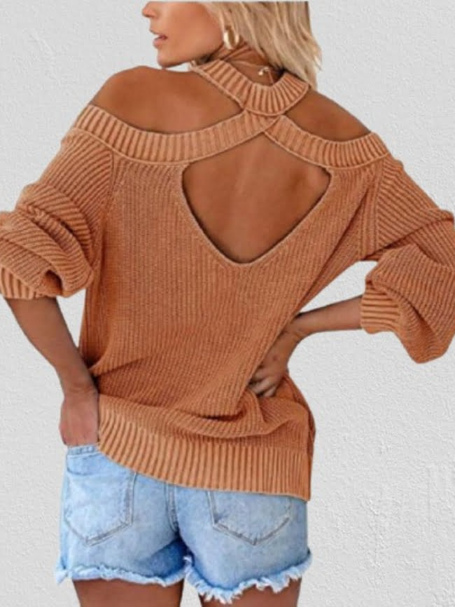Off shoulder Cut Out Back Solid Knitted Sweater 15