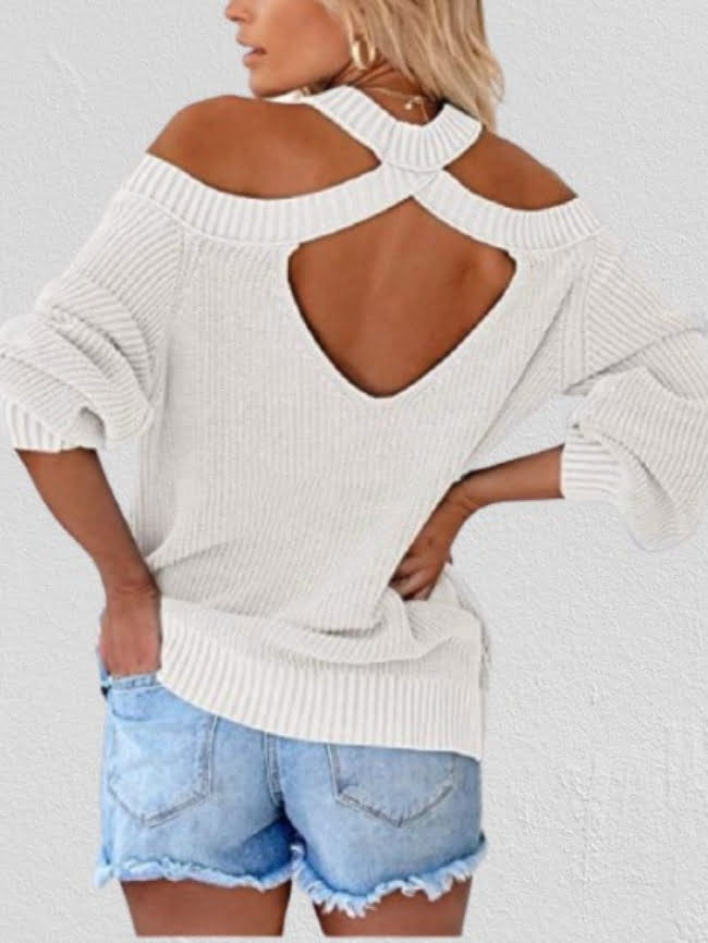 Off shoulder Cut Out Back Solid Knitted Sweater 17