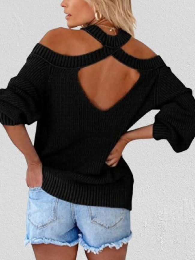Off shoulder Cut Out Back Solid Knitted Sweater 19