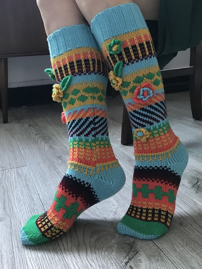 Panelled jacquard long knitted socks 2