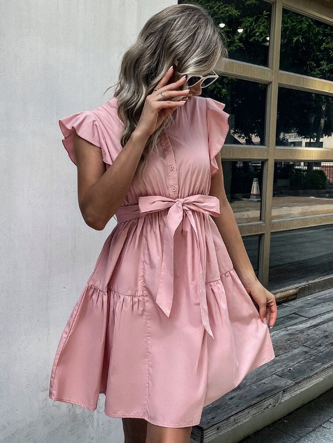 Pink Ruffled Buttons Lace Up Dress 3