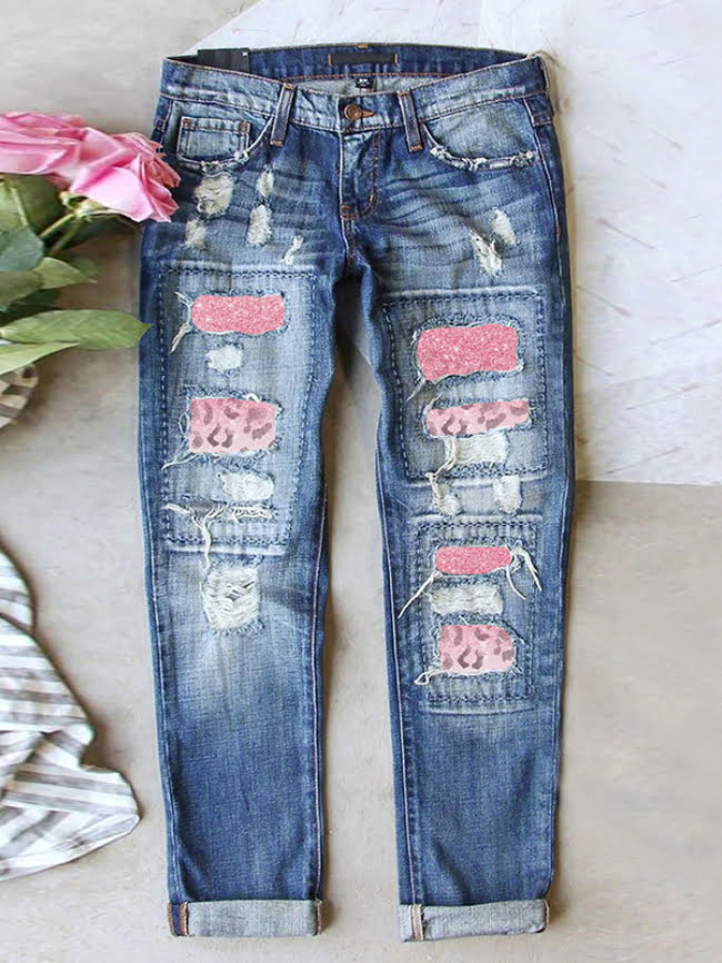 Pink leopard patch print casual jeans