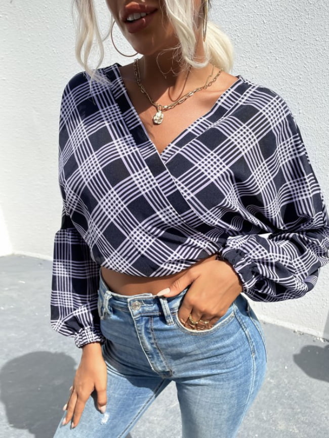 Plaid Knot Front Latern Sleeve Blouse 1