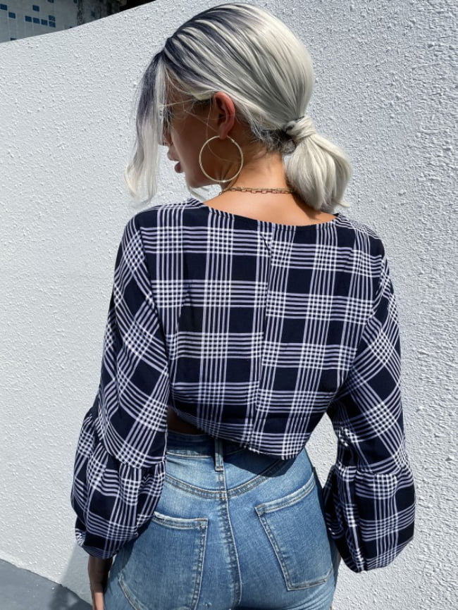 Plaid Knot Front Latern Sleeve Blouse 4