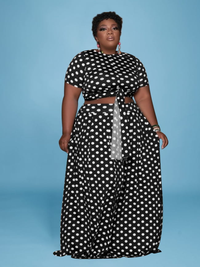 Plus Polka Dot Belted Top And Skirt Two Piece Set 2