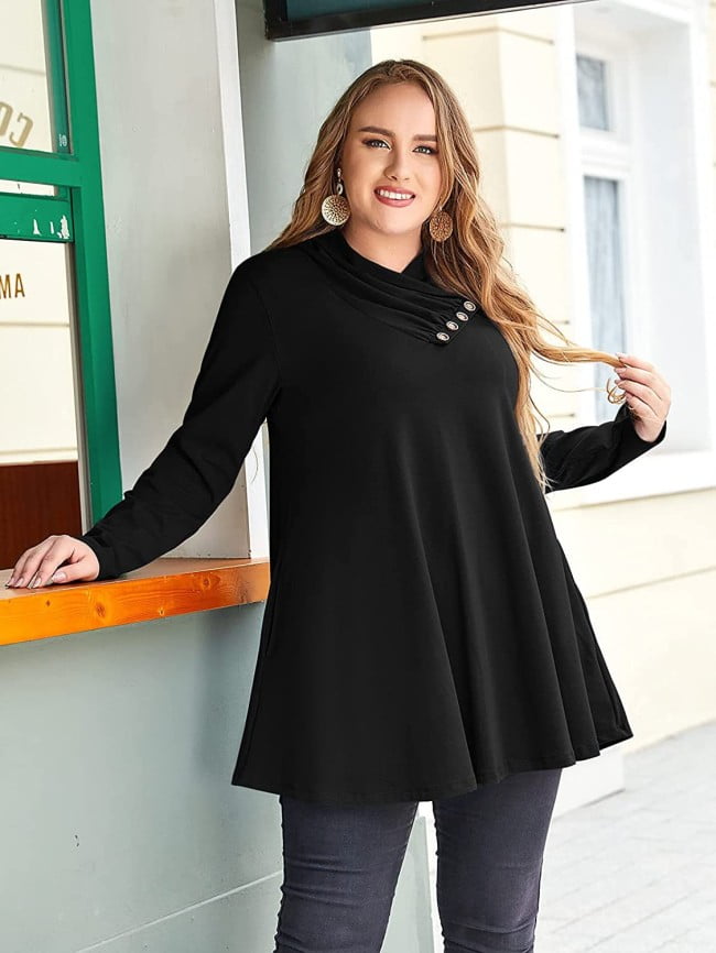 Plus Solid Color Button Panel Long Sleeve Top 0