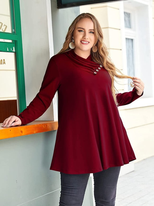 Plus Solid Color Button Panel Long Sleeve Top 2