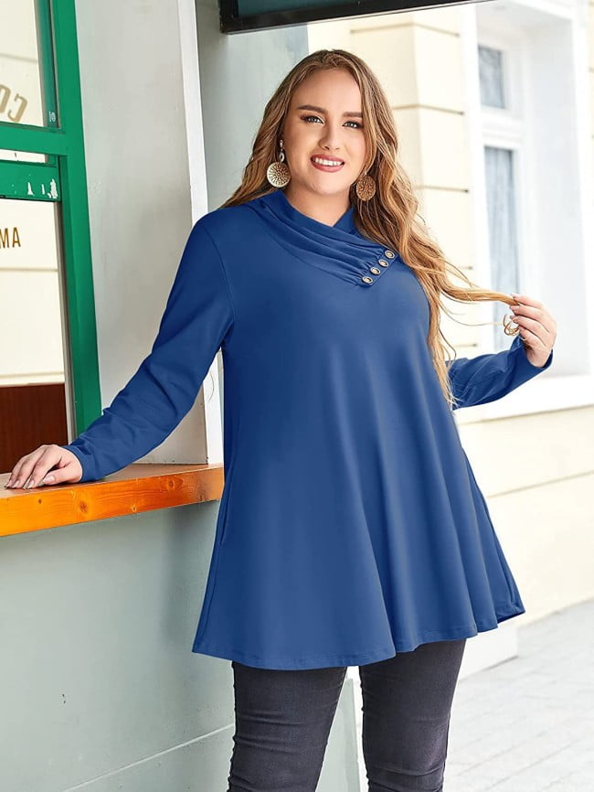 Plus Solid Color Button Panel Long Sleeve Top 4