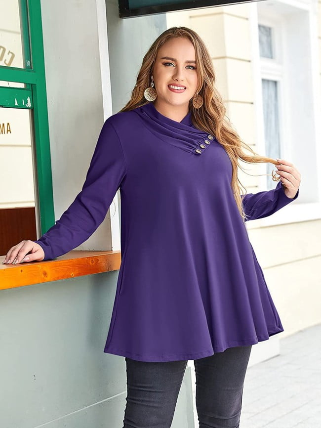 Plus Solid Color Button Panel Long Sleeve Top 5