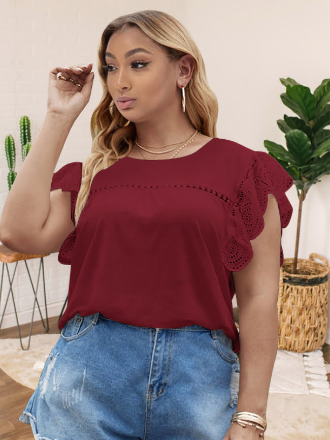 Plus Wine Red Lace Sleeve Hollow Tee 2