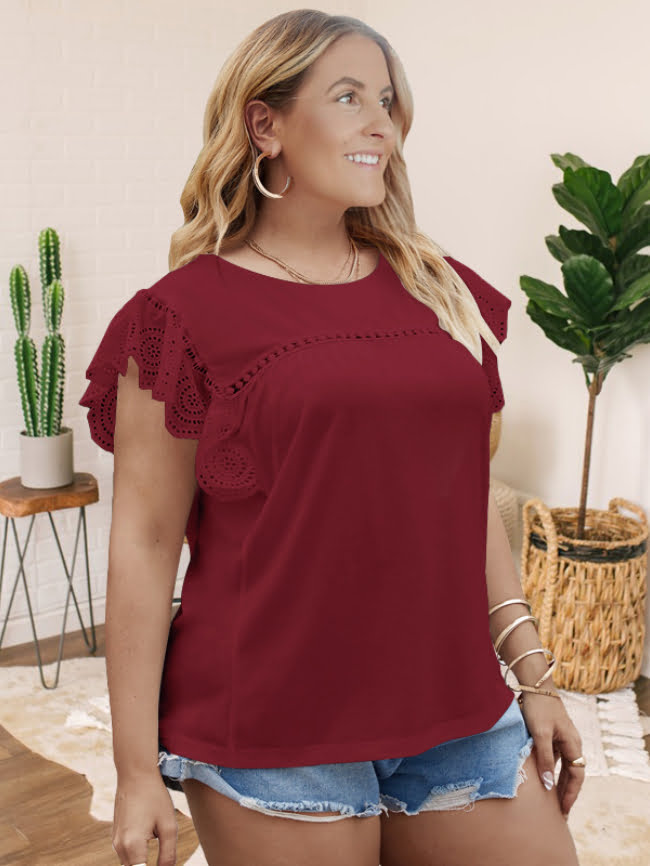 Plus Wine Red Lace Sleeve Hollow Tee 3