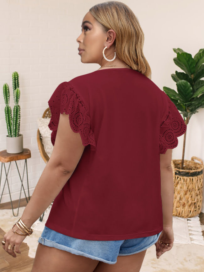 Plus Wine Red Lace Sleeve Hollow Tee 5
