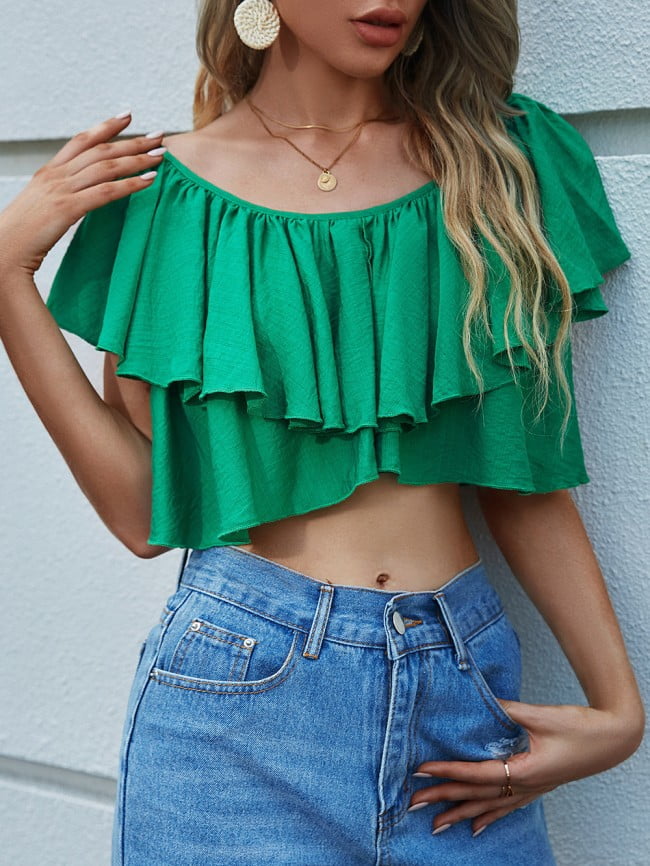 Round Neck Pleated Sexy Cropped Top - TOB Wholesale