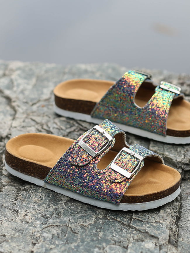 Sequins double buckle beach slippers 1