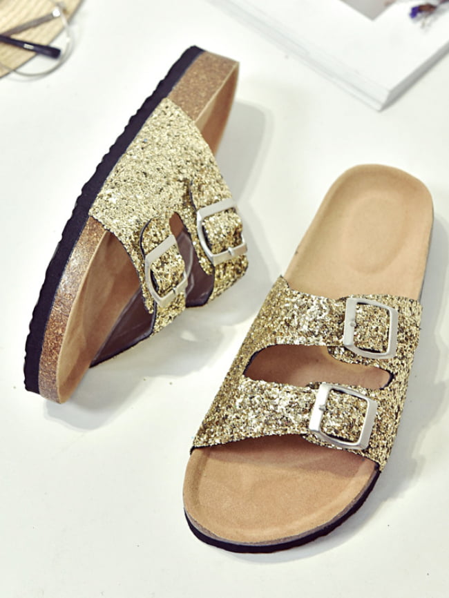 Sequins double buckle beach slippers 3