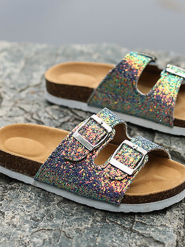Sequins double buckle beach slippers 7