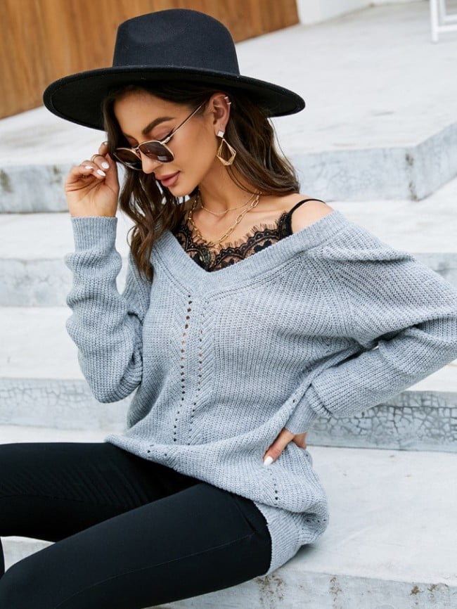 Sexy V Neck Lace Panel Sweater 3