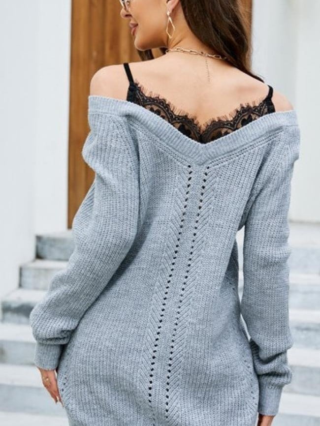 Sexy V Neck Lace Panel Sweater