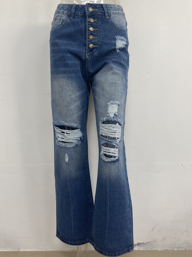 Single-breasted ripped micro-flare jeans