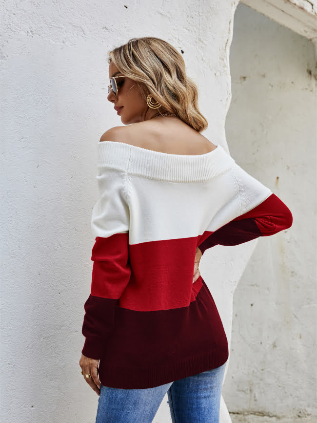 Slouchy neckline Colorblock Knitted Sweater 9