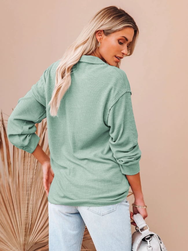 Solid Button Front Turn down Long Sleeve Neck Top 23