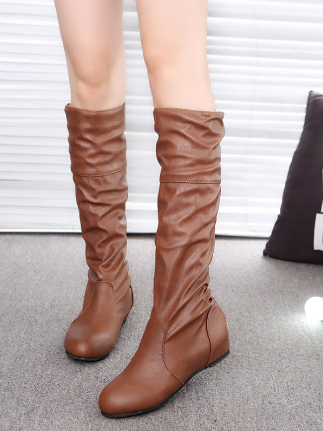 Solid Color Crinkled Tall Leather Boots 6