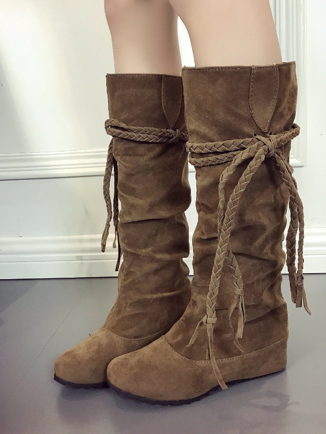 Solid Color Fringed Suede Boots