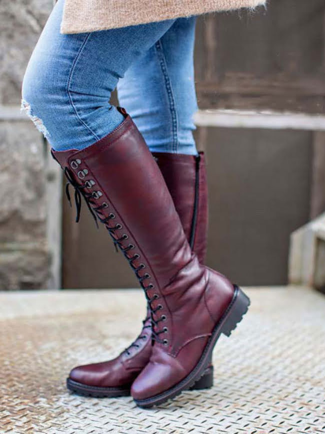 Solid Color Lace-Up Zip-Up Leather Boots